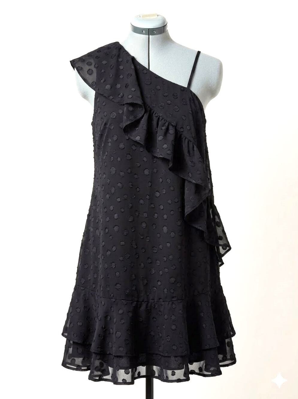 Religion Black Chiffon One Shoulder Ruffled Polka Dot Mini Dress Size Small New